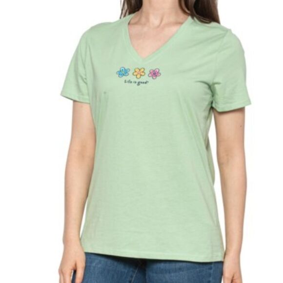 🔹️🔺️NWT Life is Good Green Classic Three Daisies Short Sleeve Top Small - Picture 1 of 11